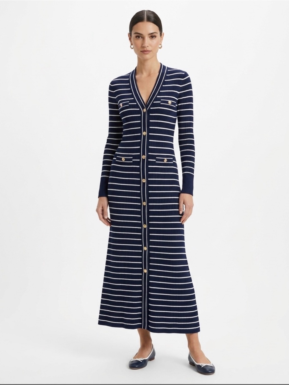 J. Crew Navy and White Striped Long Button-Front Sweater Maxi Dress - M